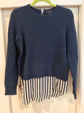 J. Crew Navy Knit Crewneck Sweater with Striped Hem - Wool Blend